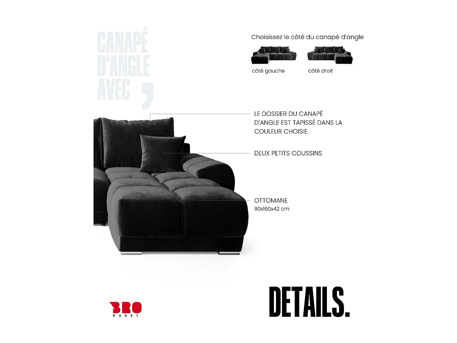 Canapé d'angle convertible en forme de L NUBES 290x180x85 cm noir