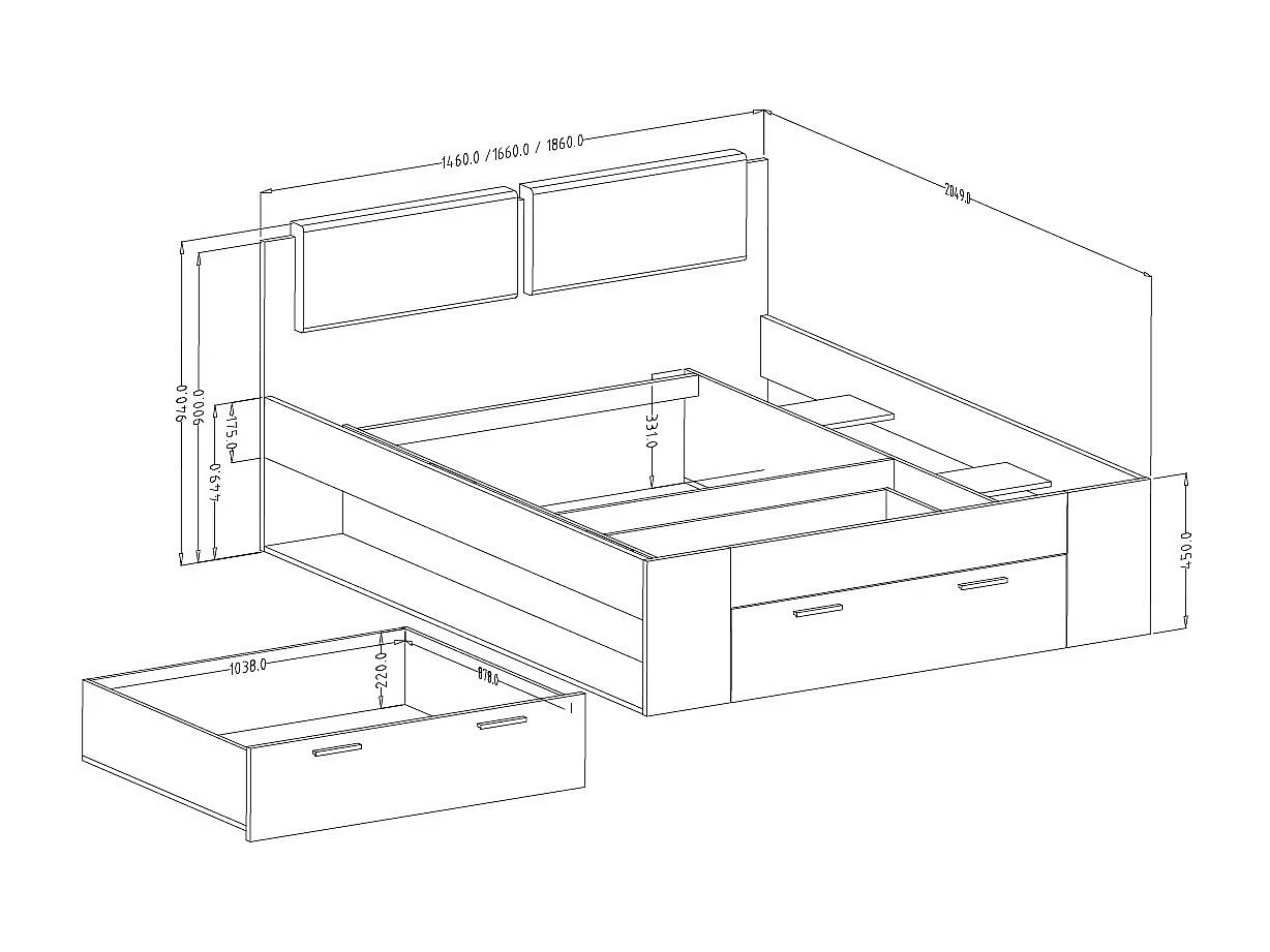 BETT Granada Monastery Eiche / Schwarz Hochglanz 186 / 205 / 94cm