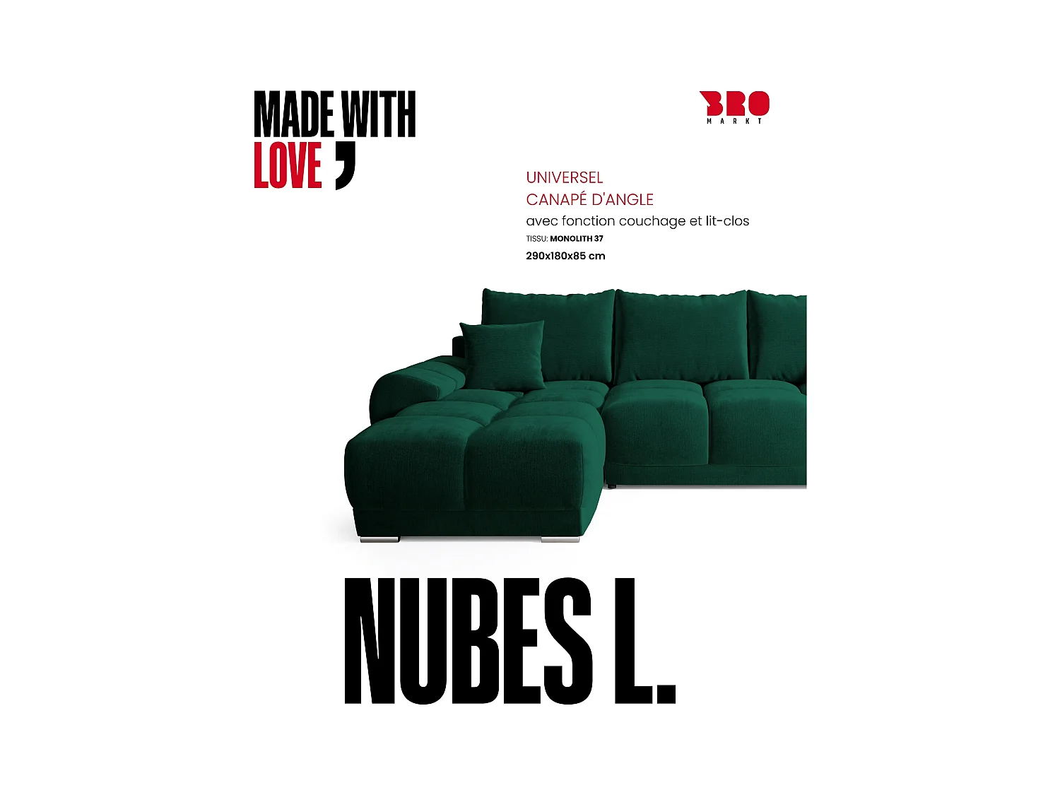 Canapé d'angle convertible en forme de L NUBES 290x180x85 cm vert