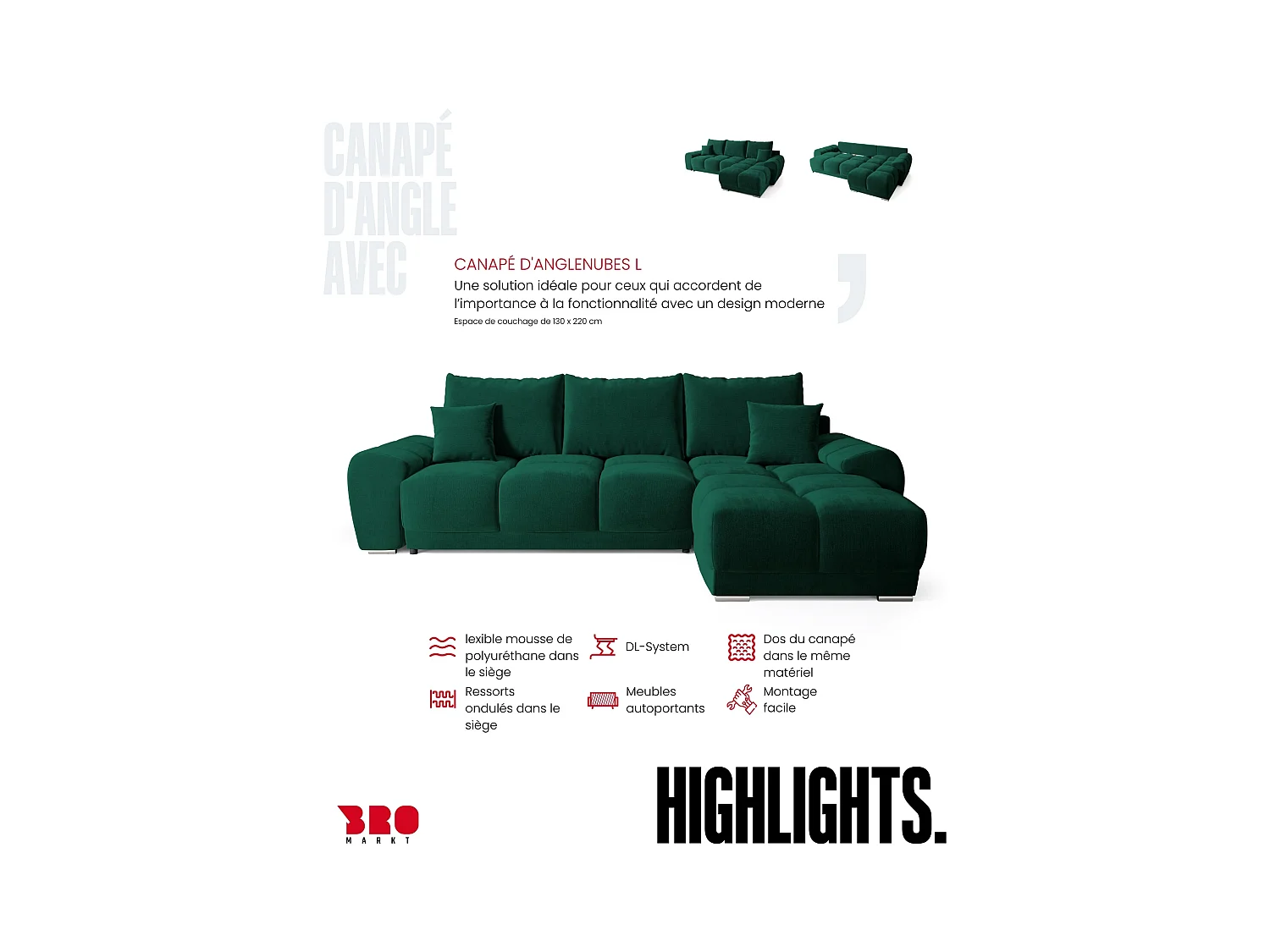 Canapé d'angle convertible en forme de L NUBES 290x180x85 cm vert