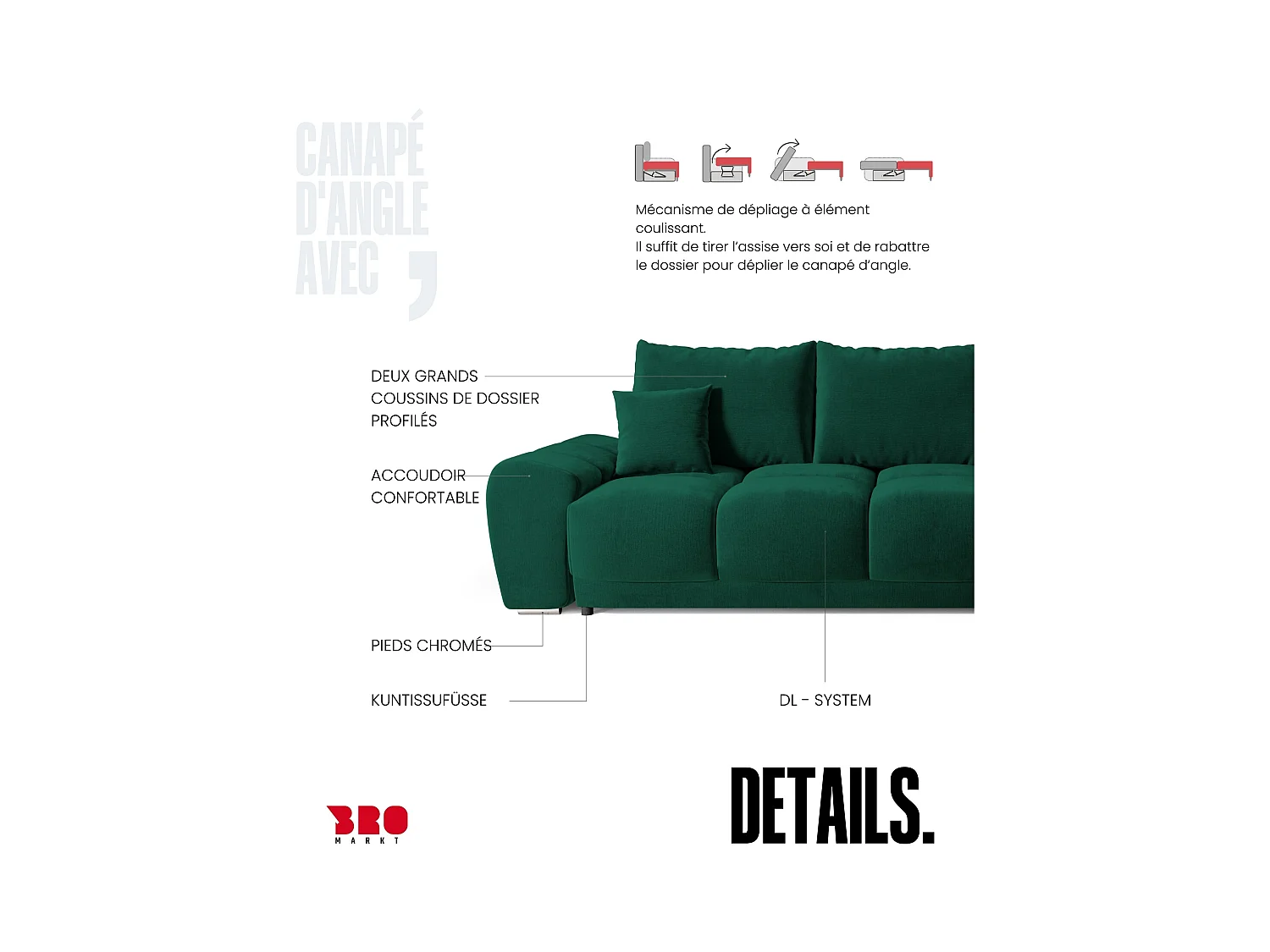 Canapé d'angle convertible en forme de L NUBES 290x180x85 cm vert