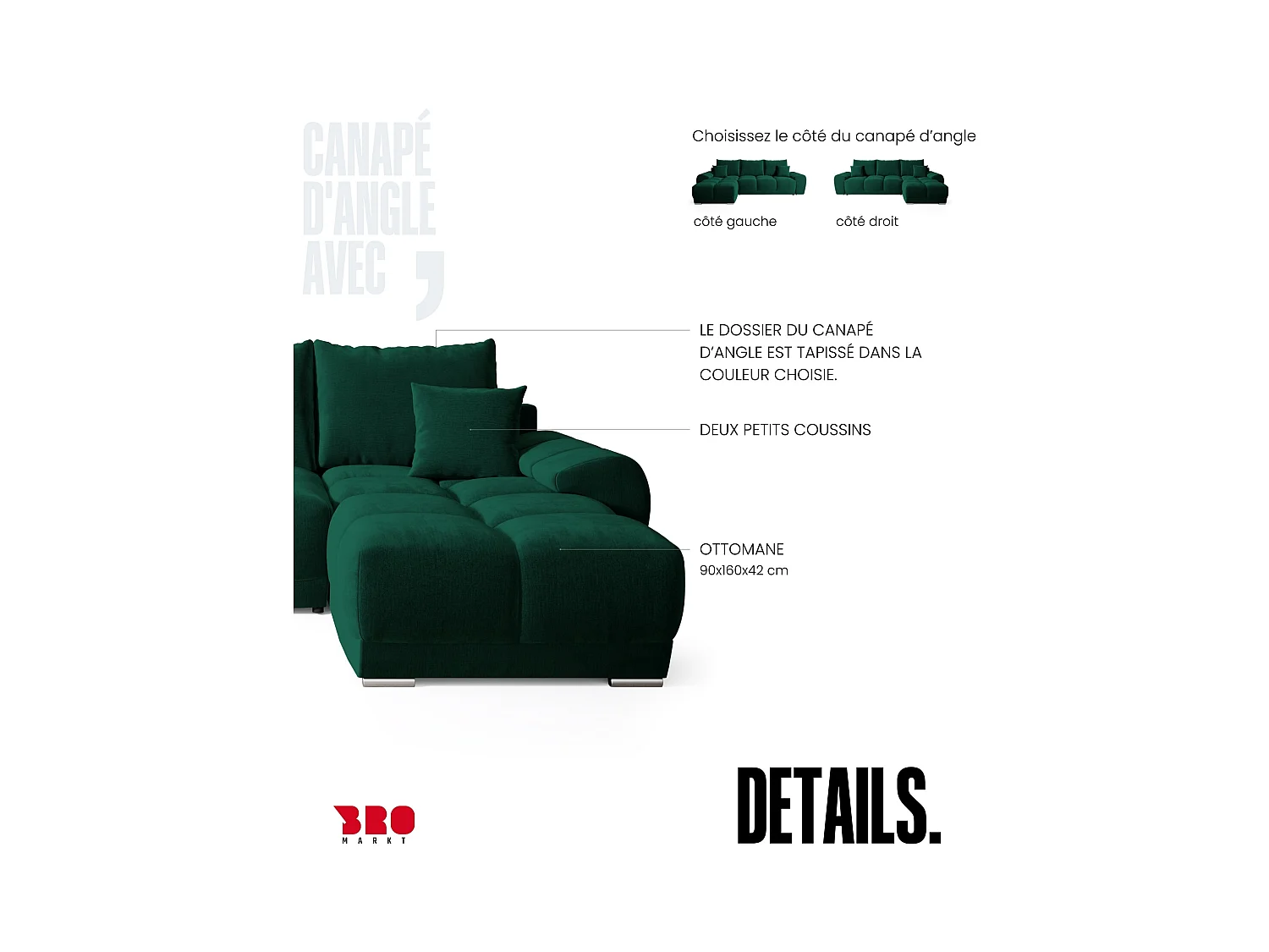 Canapé d'angle convertible en forme de L NUBES 290x180x85 cm vert