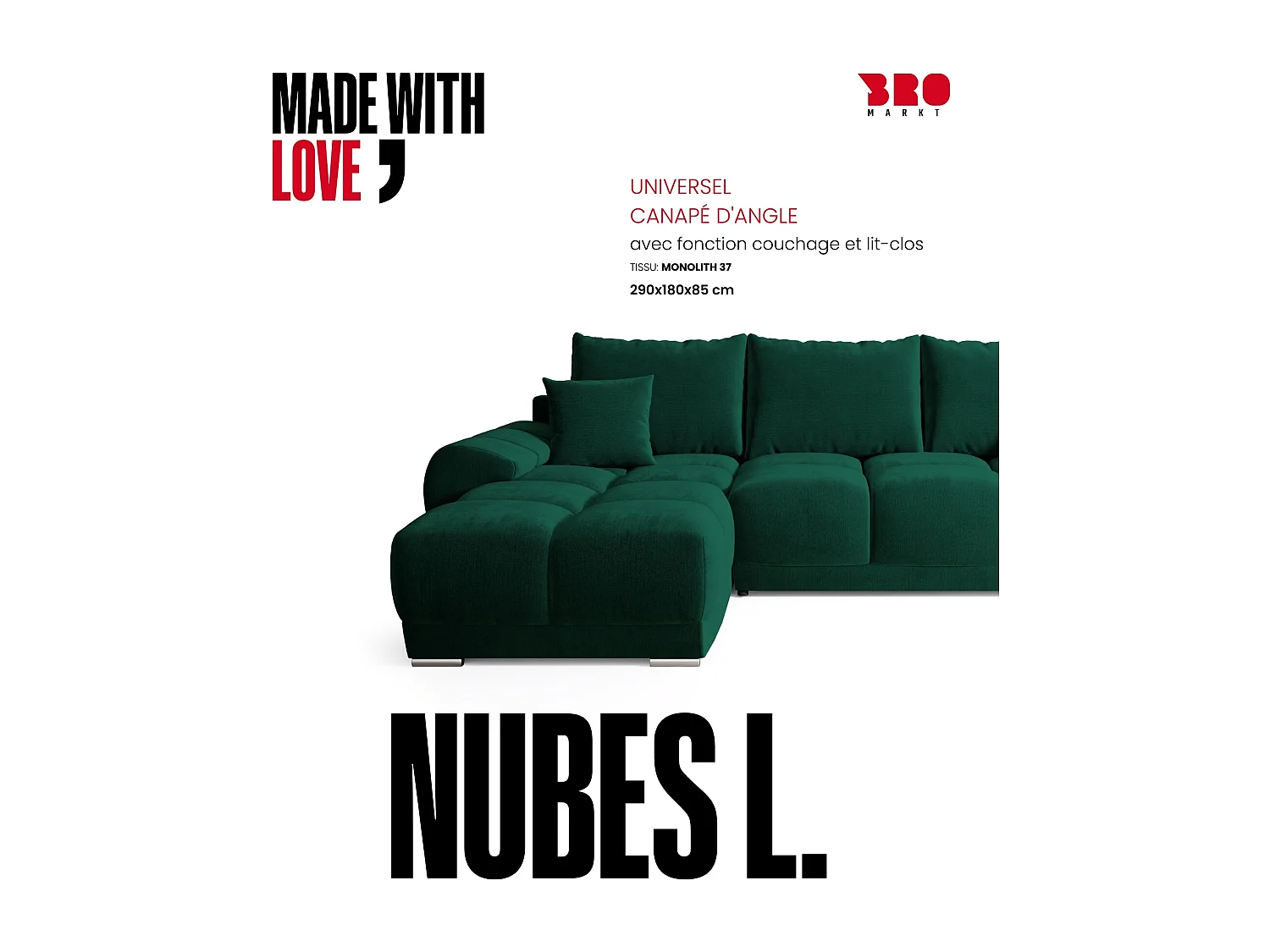 Canapé d'angle convertible en forme de L NUBES 290x180x85 cm vert