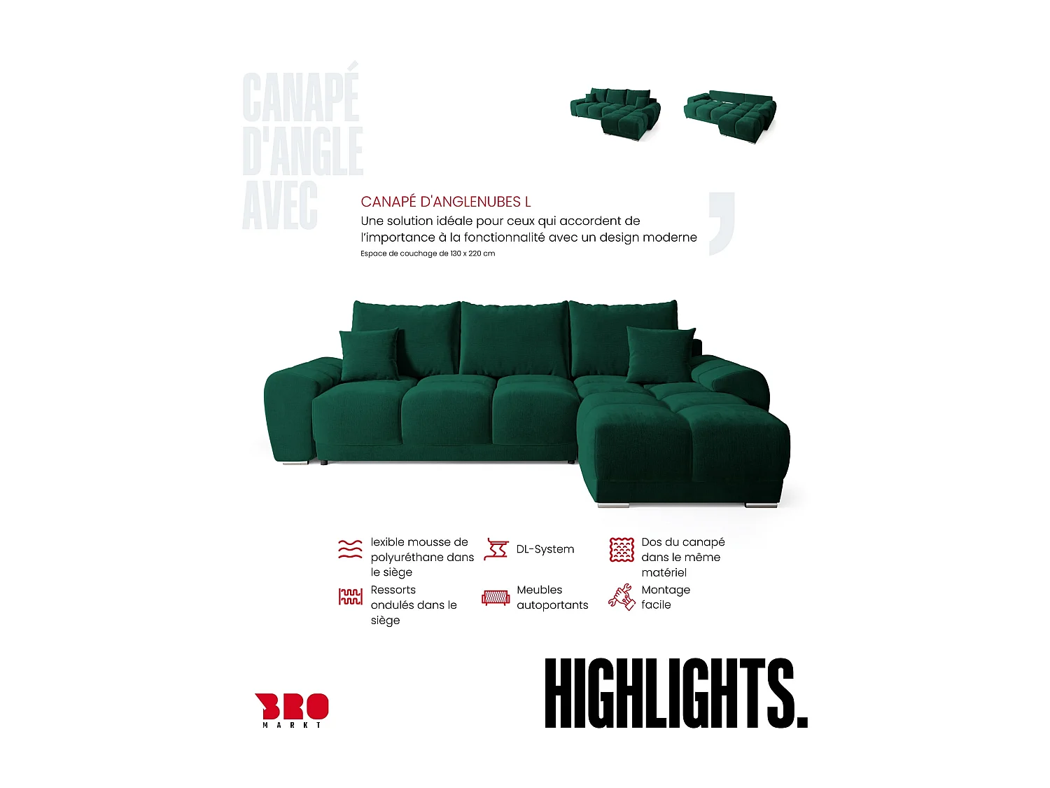 Canapé d'angle convertible en forme de L NUBES 290x180x85 cm vert