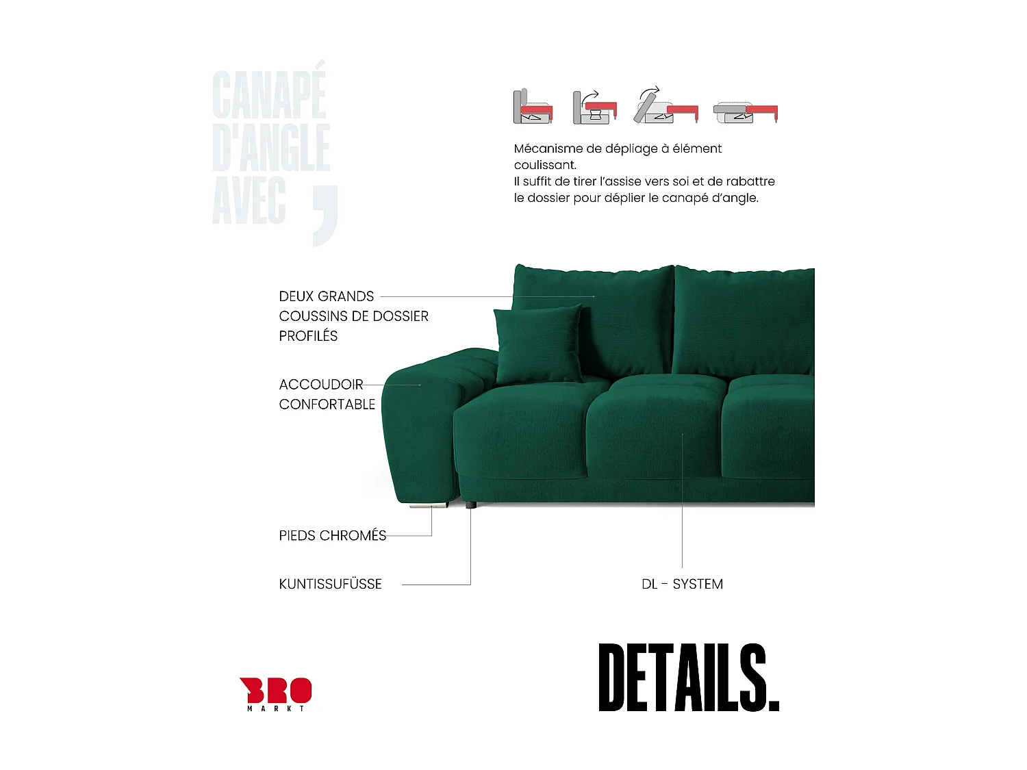 Canapé d'angle convertible en forme de L NUBES 290x180x85 cm vert