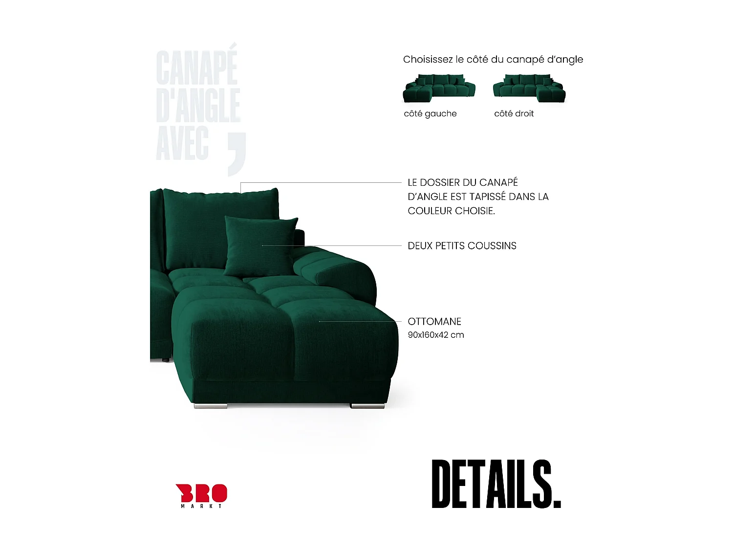 Canapé d'angle convertible en forme de L NUBES 290x180x85 cm vert