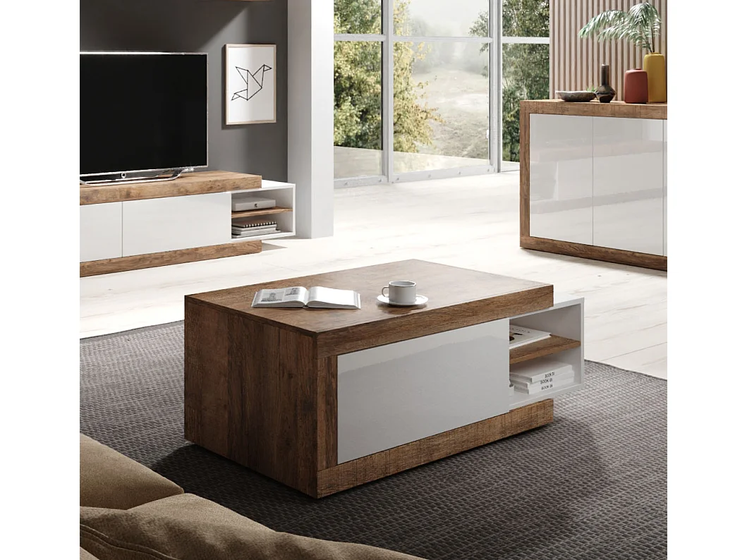 COUCHTISCH Saragossa Weiß Hochglanz / Samdal Eiche 120-154 / 60 / 43cm