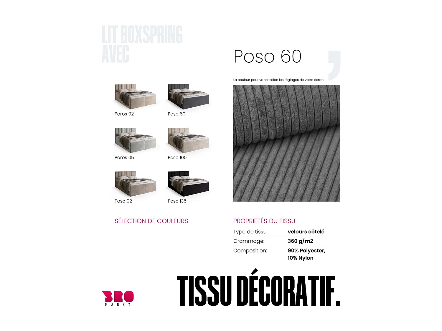 Lit boxspring avec rangement DENVER - matelas - surmatelas - gris - velours côtelé - 140x200 cm