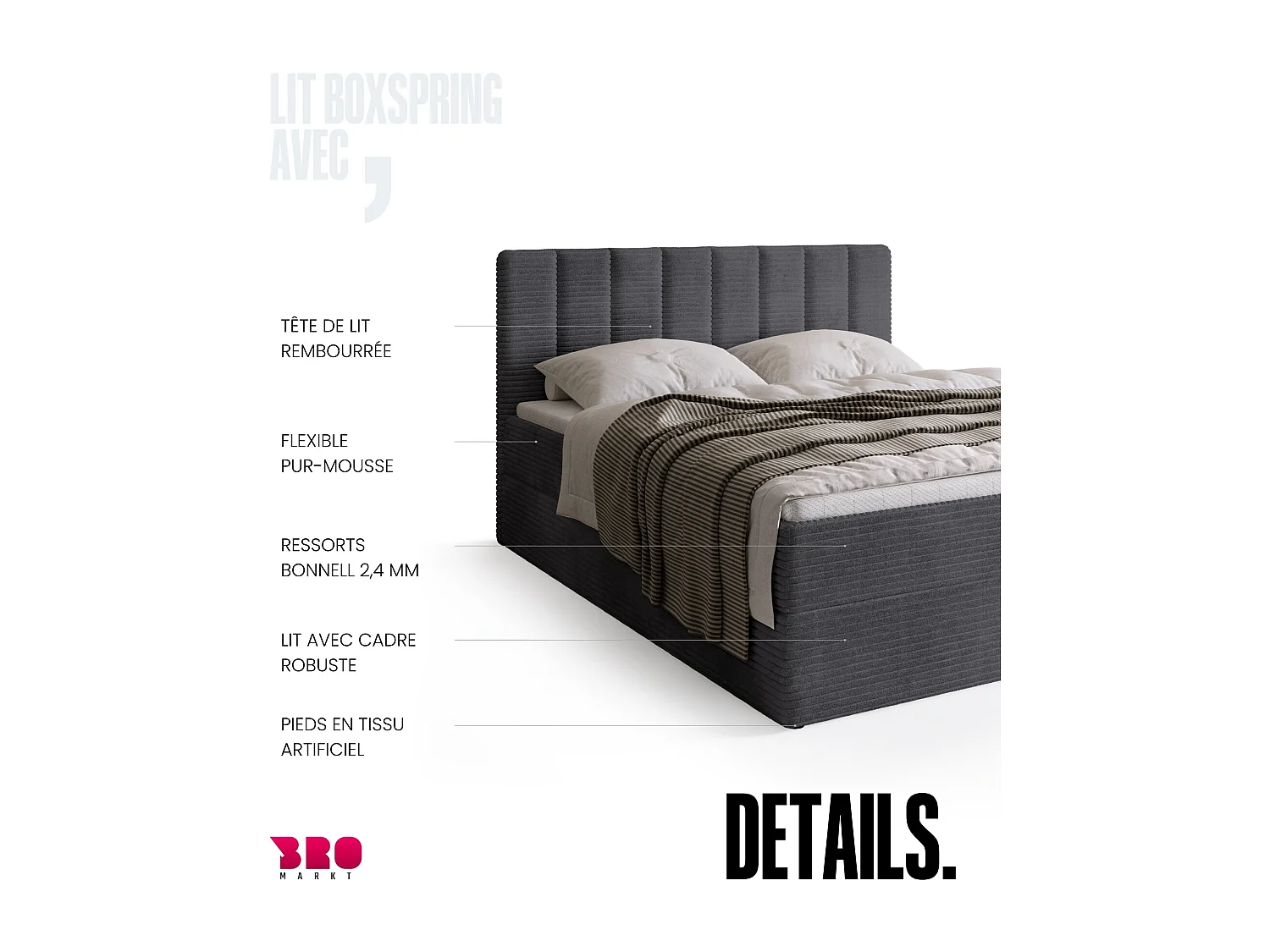 Lit boxspring avec rangement DENVER - matelas - surmatelas - gris - velours côtelé - 140x200 cm