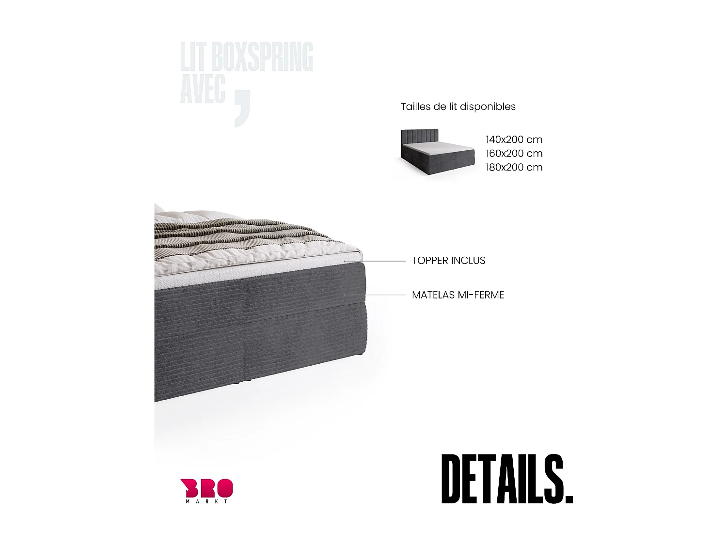 Lit boxspring avec rangement DENVER - matelas - surmatelas - gris - velours côtelé - 140x200 cm