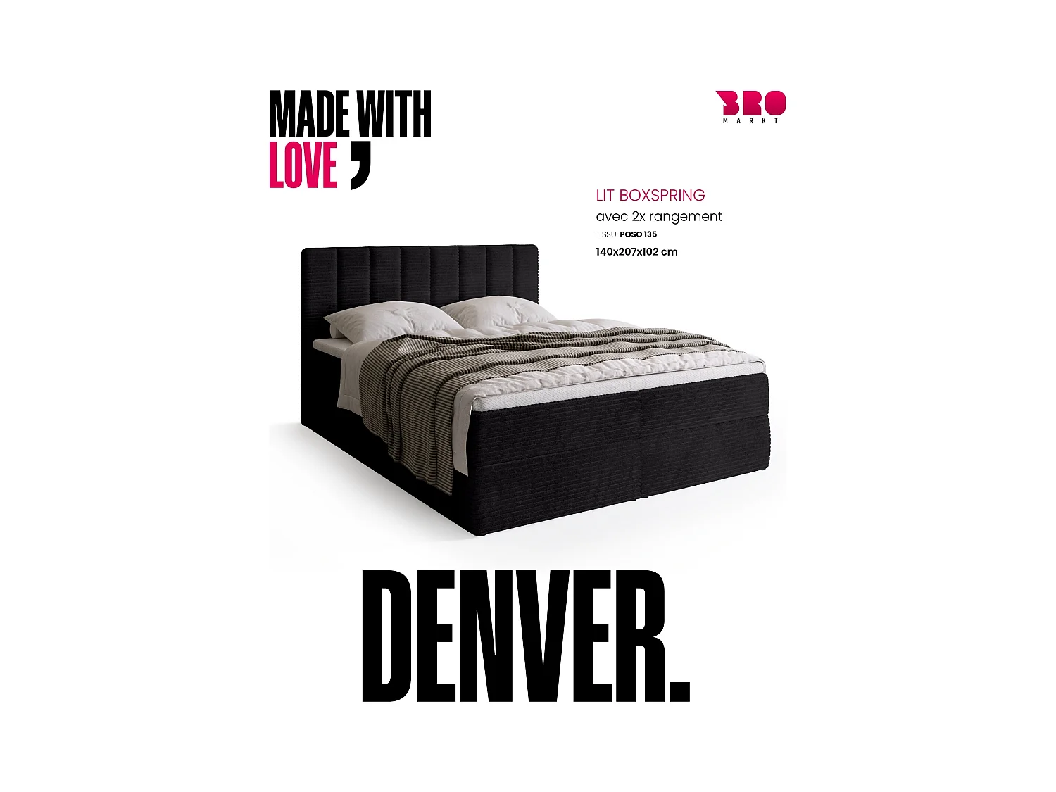 Lit boxspring avec rangement DENVER - matelas - surmatelas - noir - velours côtelé - 140x200 cm