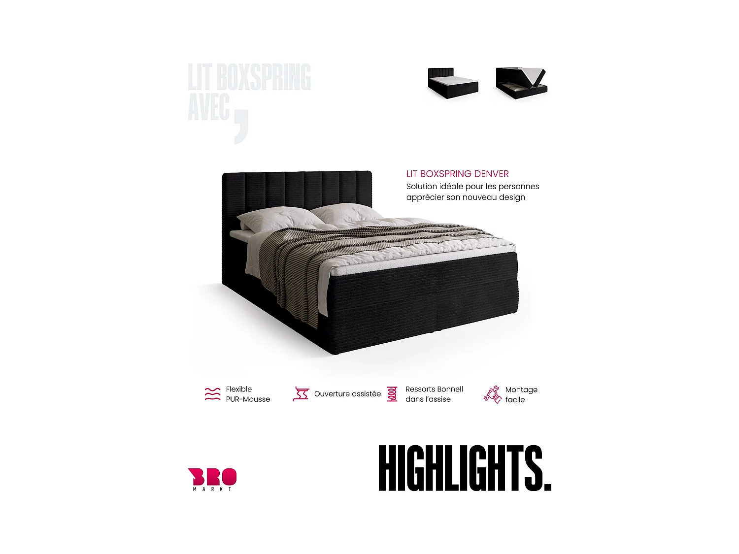Lit boxspring avec rangement DENVER - matelas - surmatelas - noir - velours côtelé - 140x200 cm