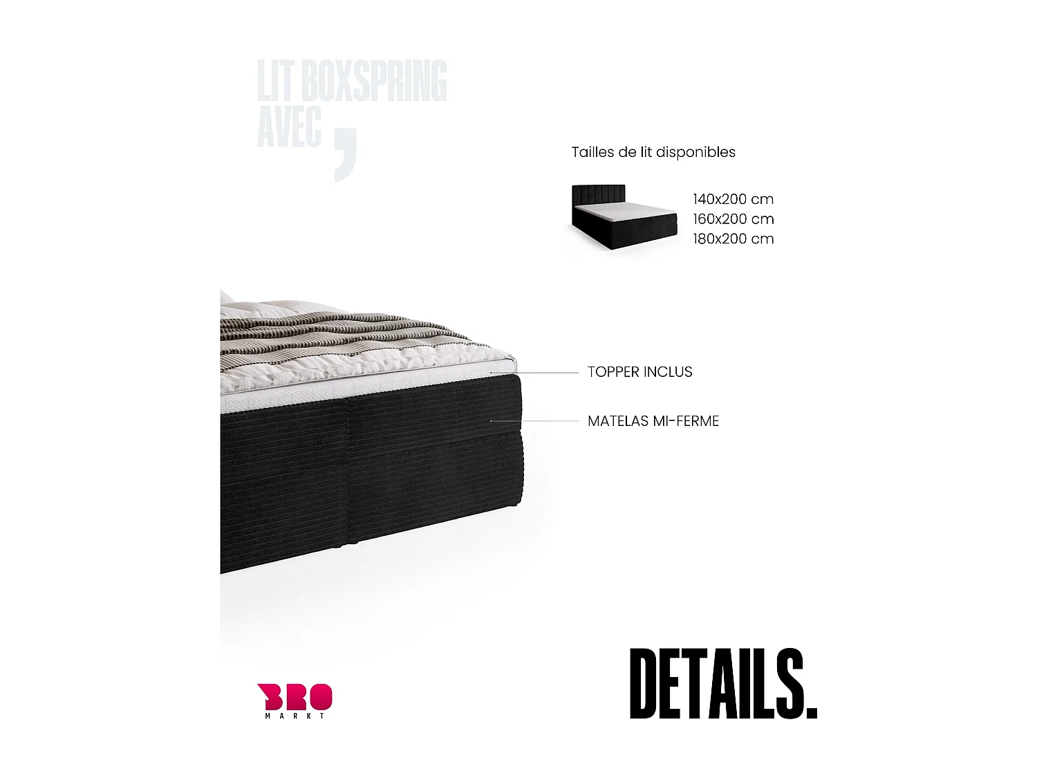 Lit boxspring avec rangement DENVER - matelas - surmatelas - noir - velours côtelé - 140x200 cm