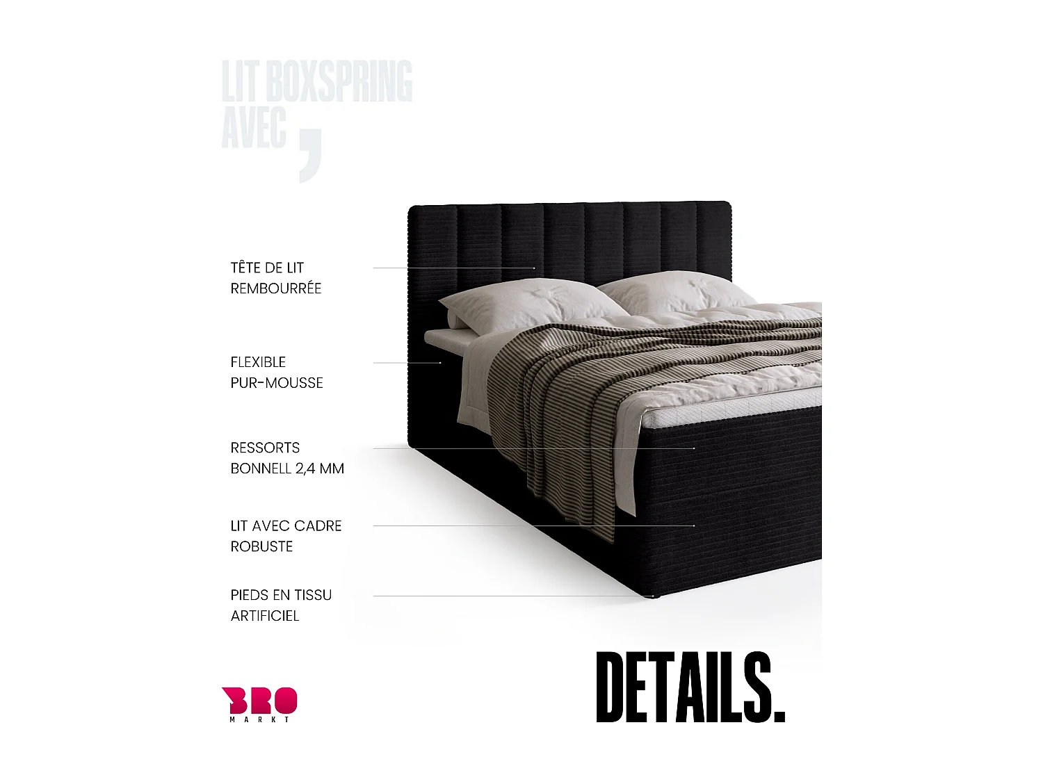 Lit boxspring avec rangement DENVER - matelas - surmatelas - noir - velours côtelé - 140x200 cm