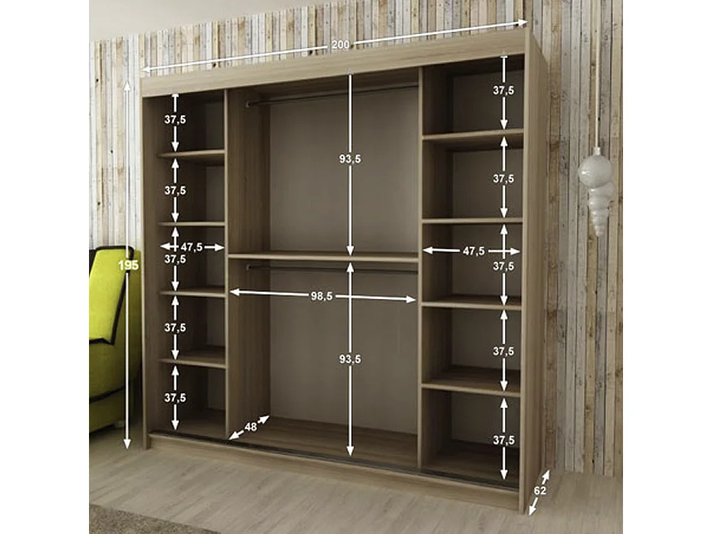 SCHIEBETÜRENSCHRANK Bergamo Gold Craft Oak / schwarz matt 200 / 62 / 195cm