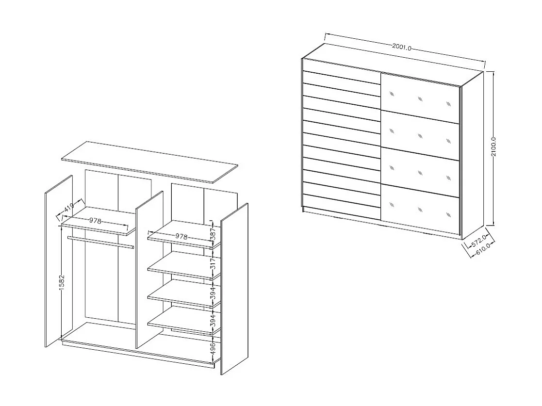 SCHWEBETÜRENSCHRANK Granada Monastery Eiche / Schwarz Hochglanz 220 / 61 / 210 cm