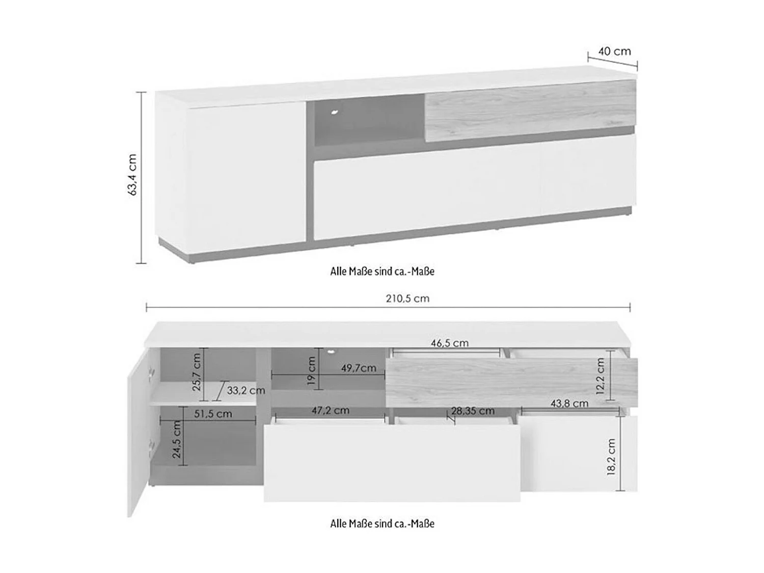 LOWBOARD Novena weiß / schwarz / Catania Eiche 210,5 / 40 / 63cm