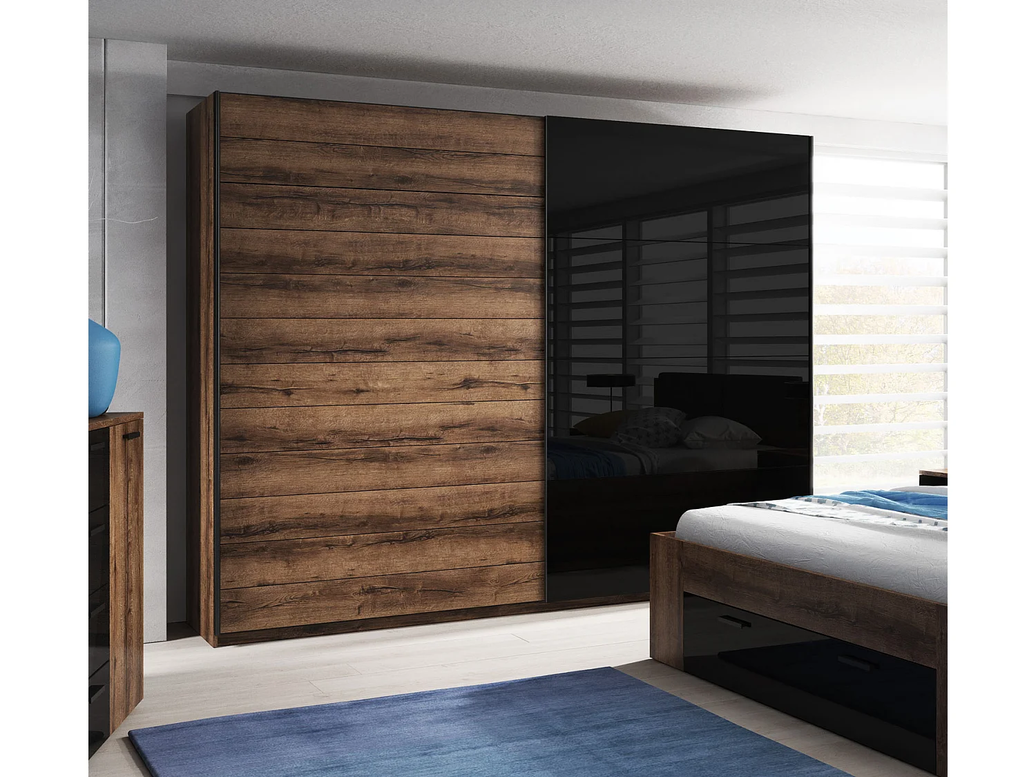 SCHWEBETÜRENSCHRANK Granada Monastery Eiche / Schwarz Hochglanz  270 / 61 / 210 cm