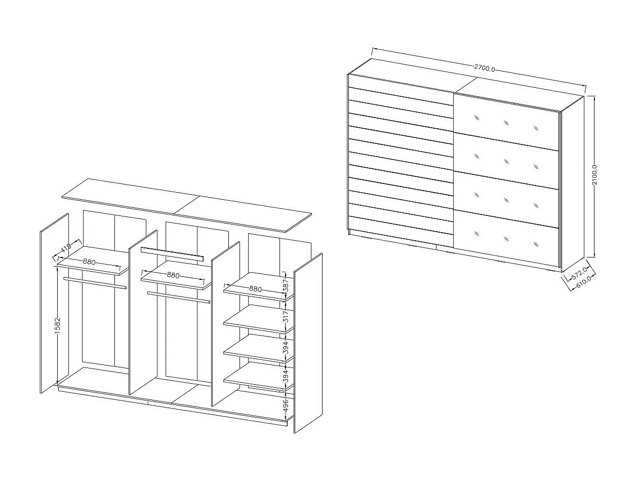 SCHWEBETÜRENSCHRANK Granada Monastery Eiche / Schwarz Hochglanz  270 / 61 / 210 cm