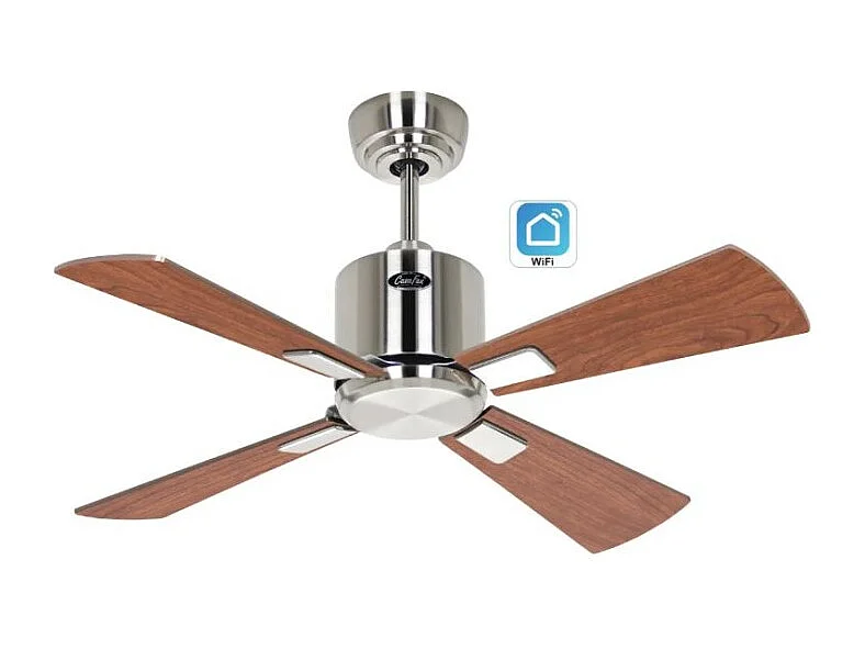 eco neo III 92, wifi-ventilator zonder licht, behuizing van geborsteld staal, messen van kersen- en walnoothout, casafan