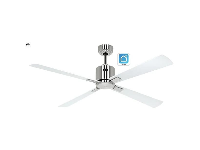 eco neo III 132 ventilateur Wi-Fi, corps en acier brossé avec pales blanches et grises sans lumière, casafan