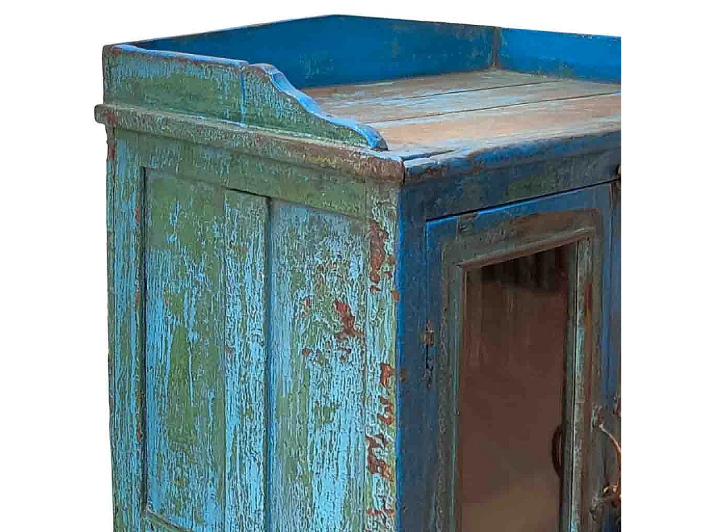 Vitrina de madera azul con acabado artesanal 98x3x175h cm