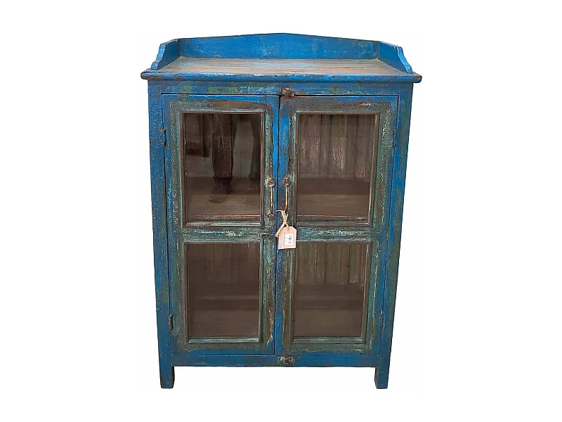 Vitrina de madera azul con acabado artesanal 98x3x175h cm