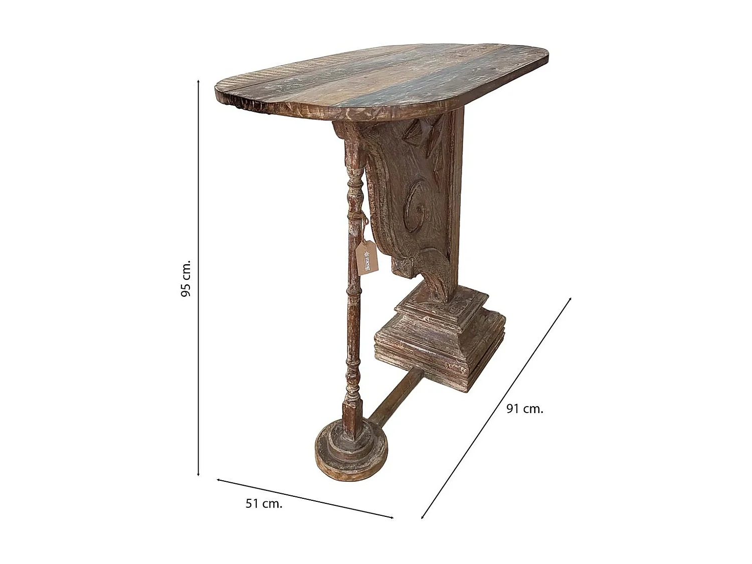 Mesa de hall de entrada em madeira artesanal castanha, 91x51x95cm