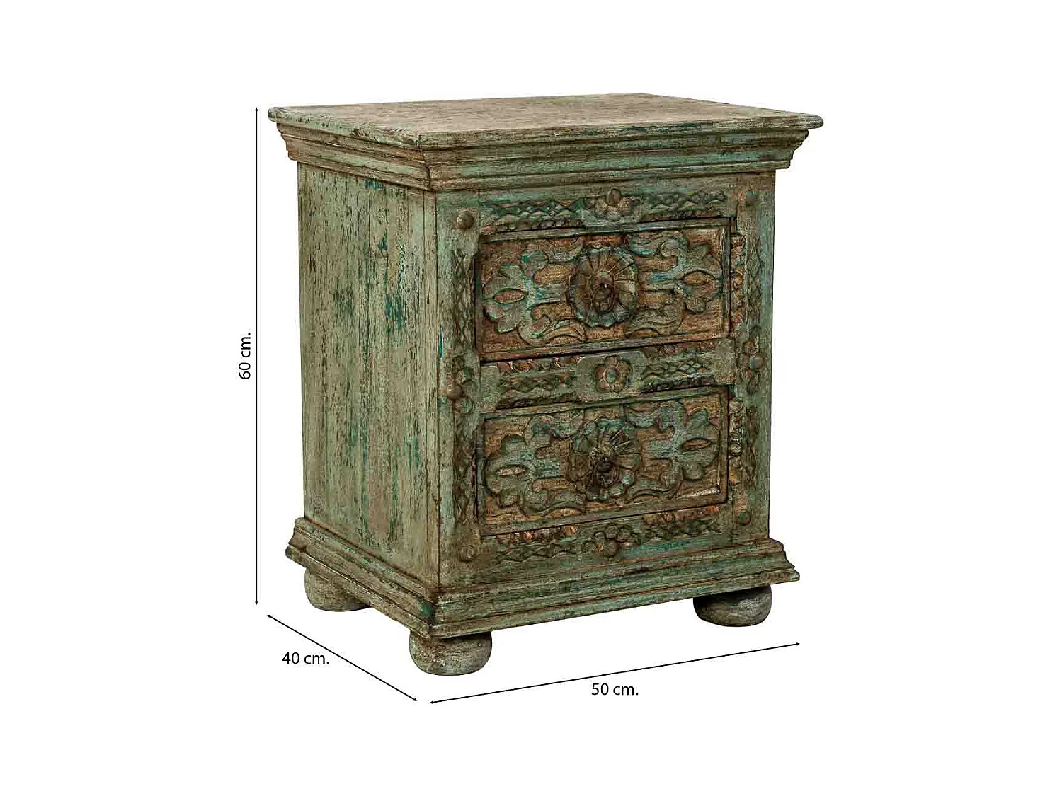 Mesita de noche de Madera artesanal azul con 2 cajones 50x40x60h cm