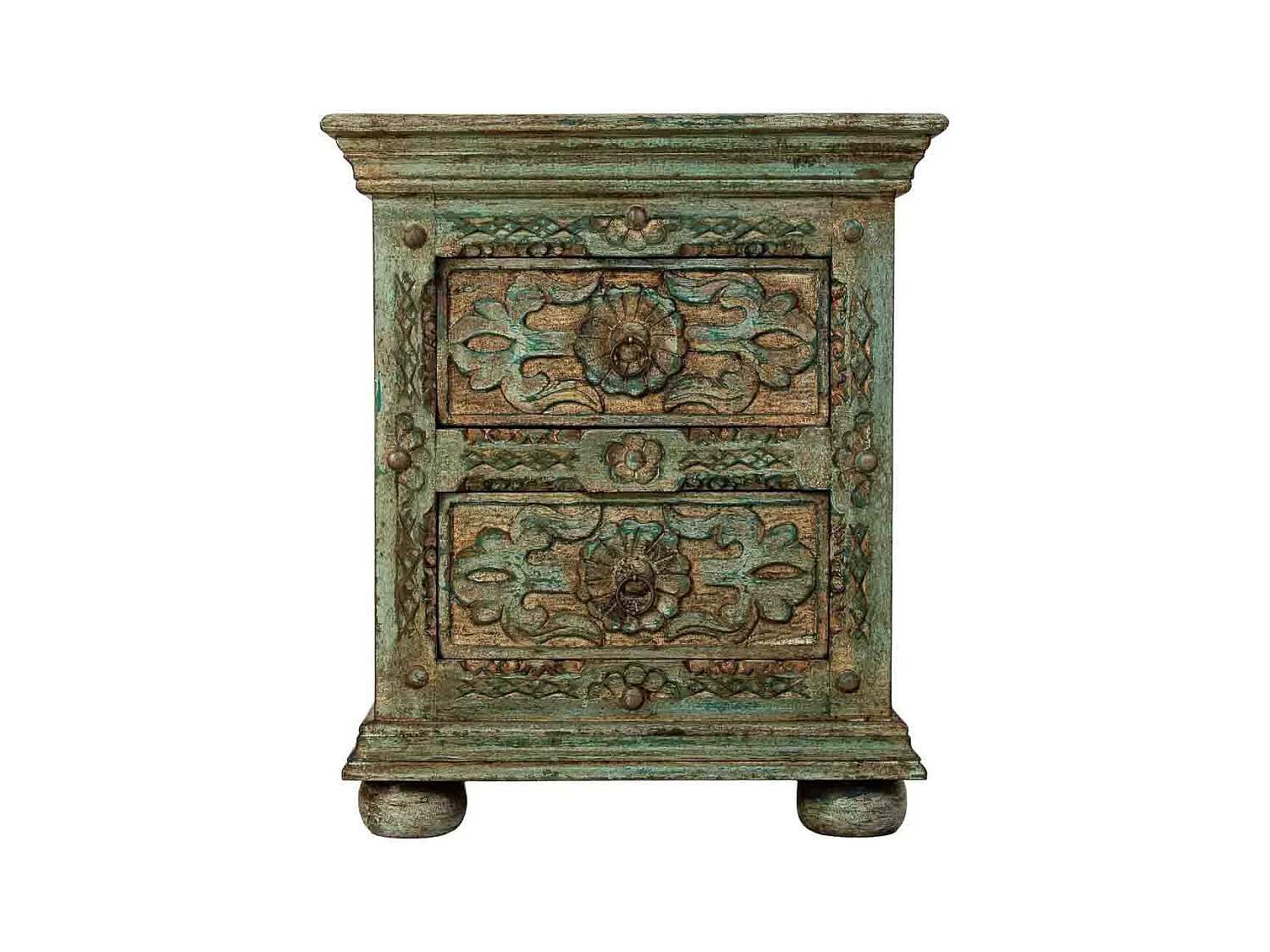 Table de chevet artisanale en bois avec 2 tiroirs, bleu,50x40x60 cm