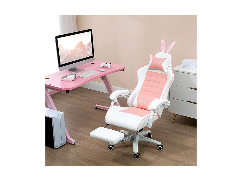 Chaise gaming inclinable réglable SIMONA rose et blanche