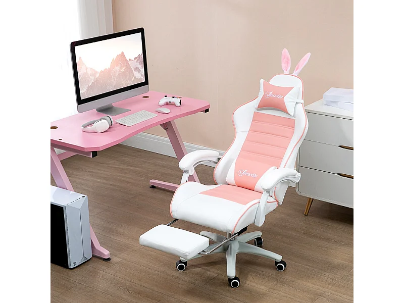 Chaise gaming inclinable réglable SIMONA rose et blanche