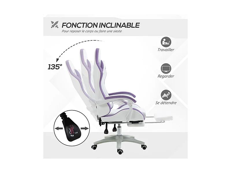 Chaise de bureau gaming inclinable VINO blanche et mauve