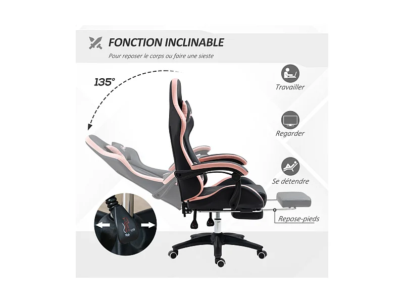 Chaise gaming de bureau inclinable LAURETTA noir et rose