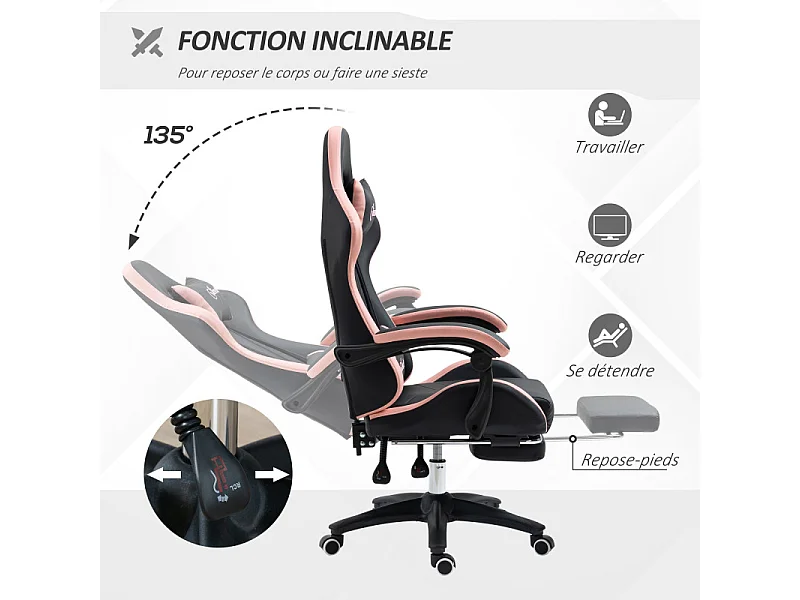 Chaise gaming de bureau inclinable LAURETTA noir et rose