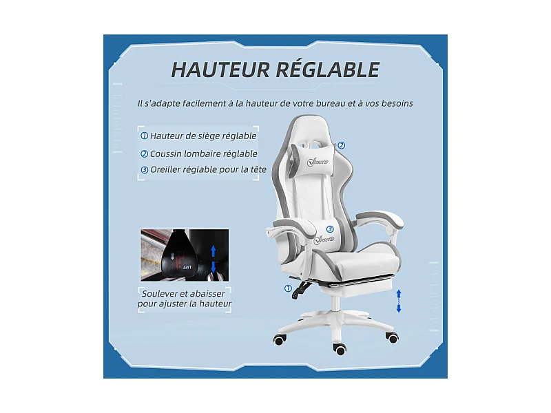Chaise de bureau gaming inclinable réglable TITTO blanche et grise