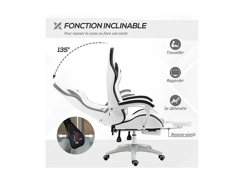 Chaise de bureau gaming inclinable réglable TITTO blanche et grise