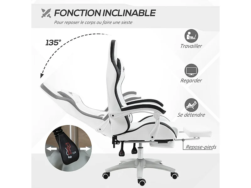 Chaise de bureau gaming inclinable réglable TITTO blanche et grise