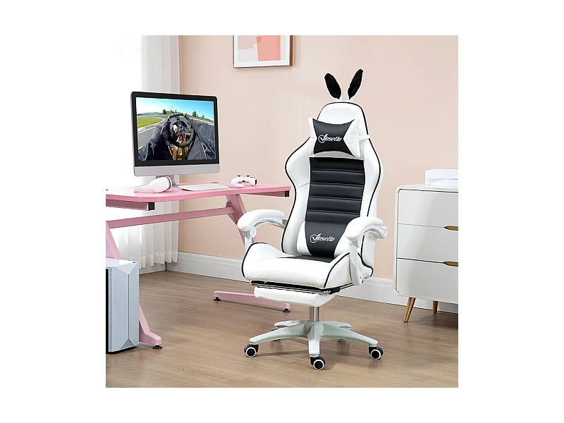 Chaise gaming inclinable repose-pieds CARETTO noire et blanche