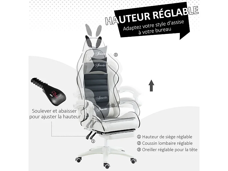 Chaise gaming inclinable repose-pieds CARETTO noire et blanche