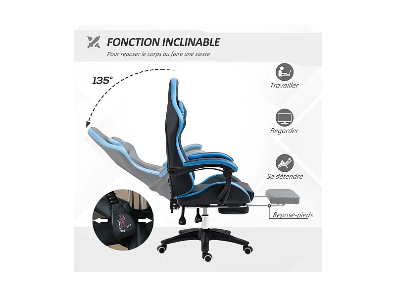 Chaise gaming de bureau inclinable VARETTA noir et bleu
