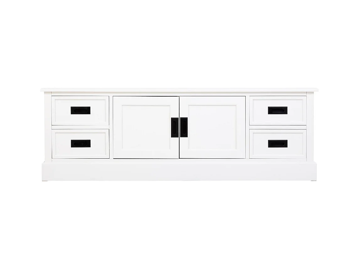 Armário baixo em madeira branca com 2 portas 4 gavetas 154x45x51,5 cm