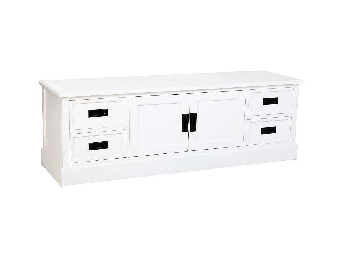 Armário baixo em madeira branca com 2 portas 4 gavetas 154x45x51,5 cm