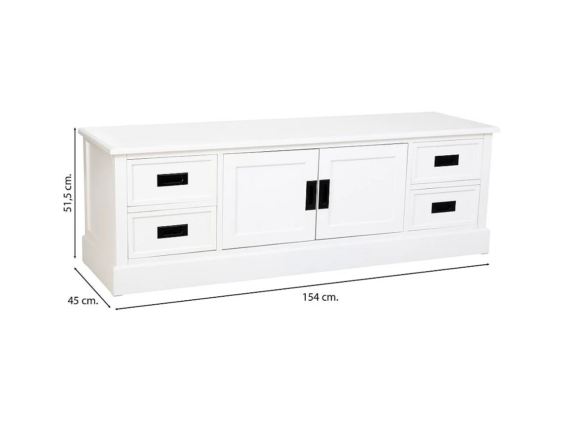 Armário baixo em madeira branca com 2 portas 4 gavetas 154x45x51,5 cm