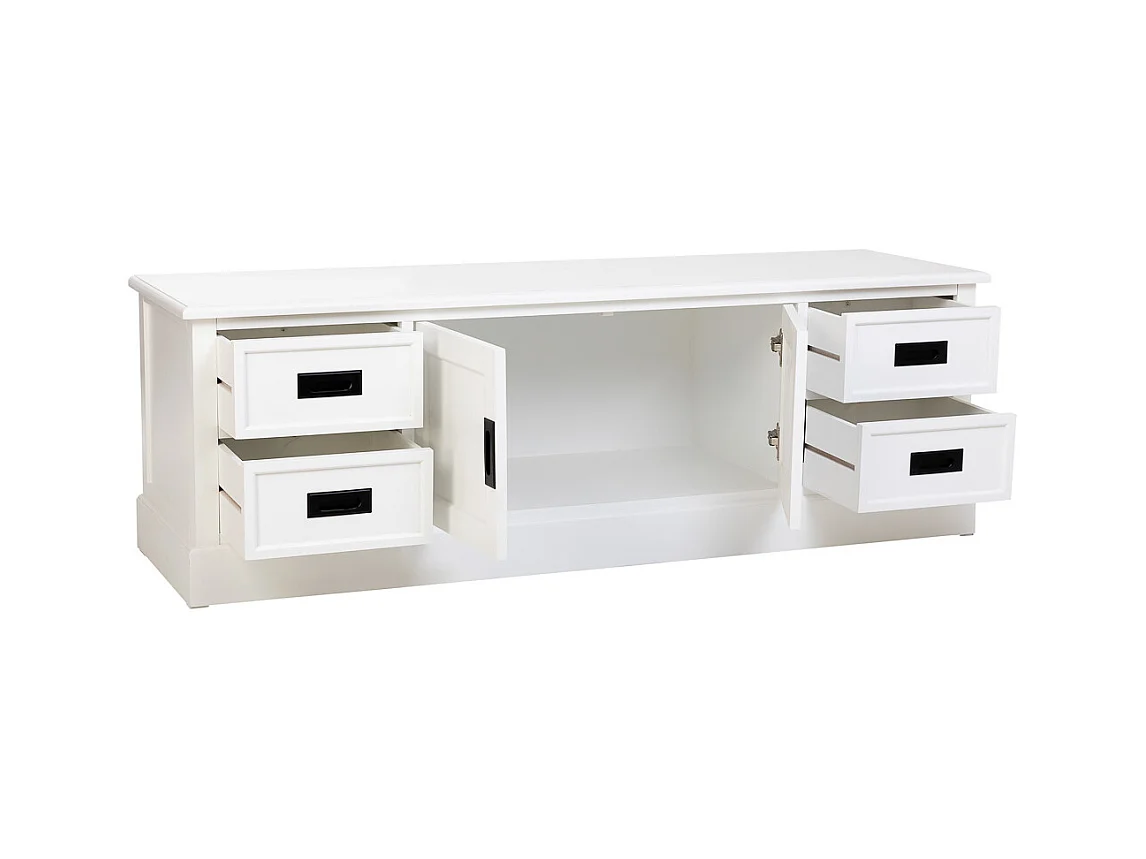 Armário baixo em madeira branca com 2 portas 4 gavetas 154x45x51,5 cm