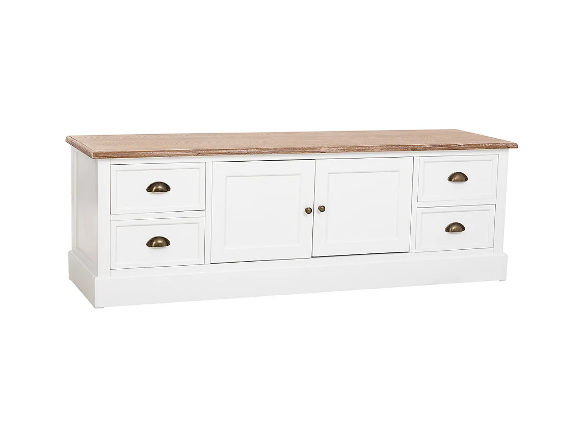 Armário baixo em madeira branca com 2 portas 4 gavetas 154x45x51,5 cm
