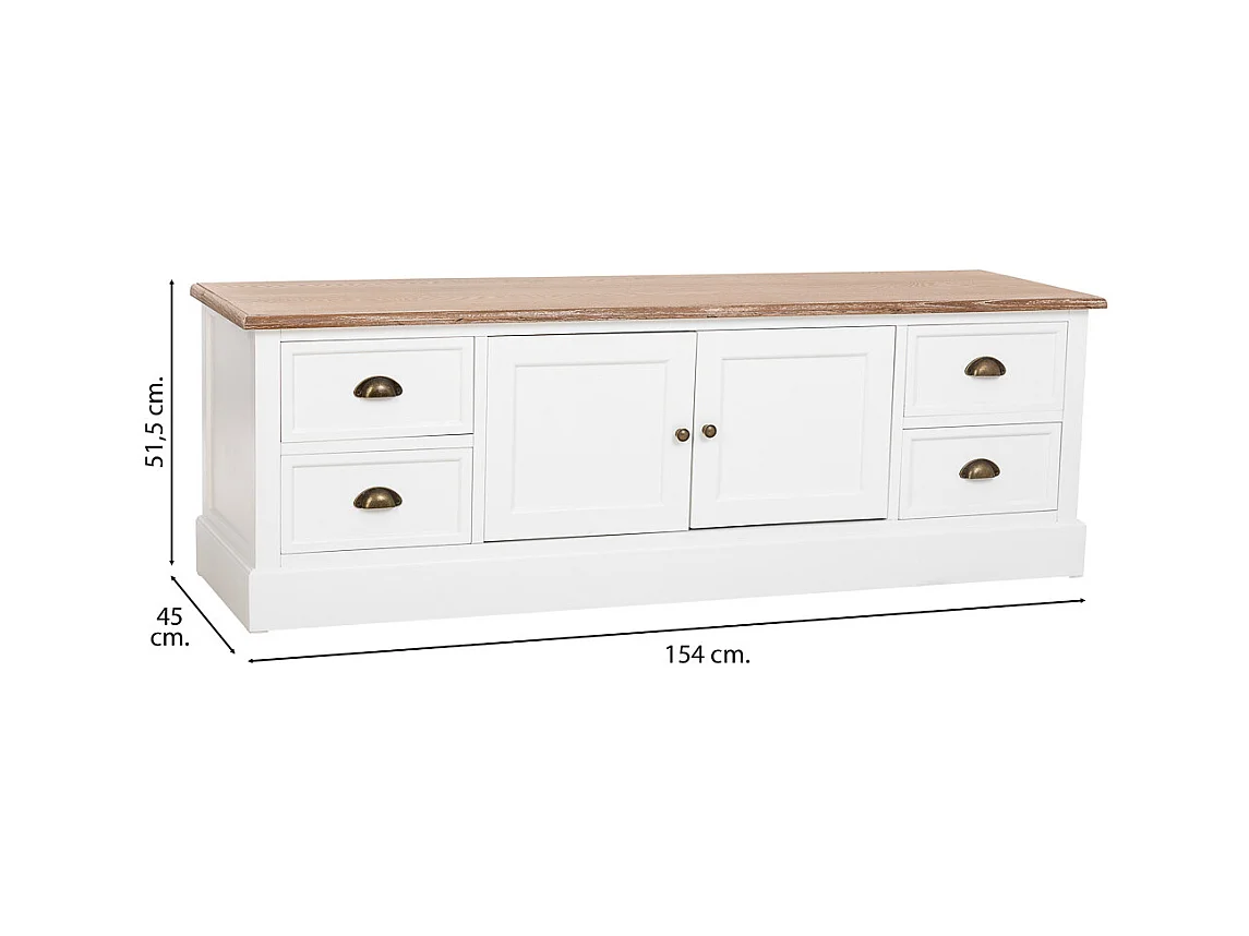 Armário baixo em madeira branca com 2 portas 4 gavetas 154x45x51,5 cm