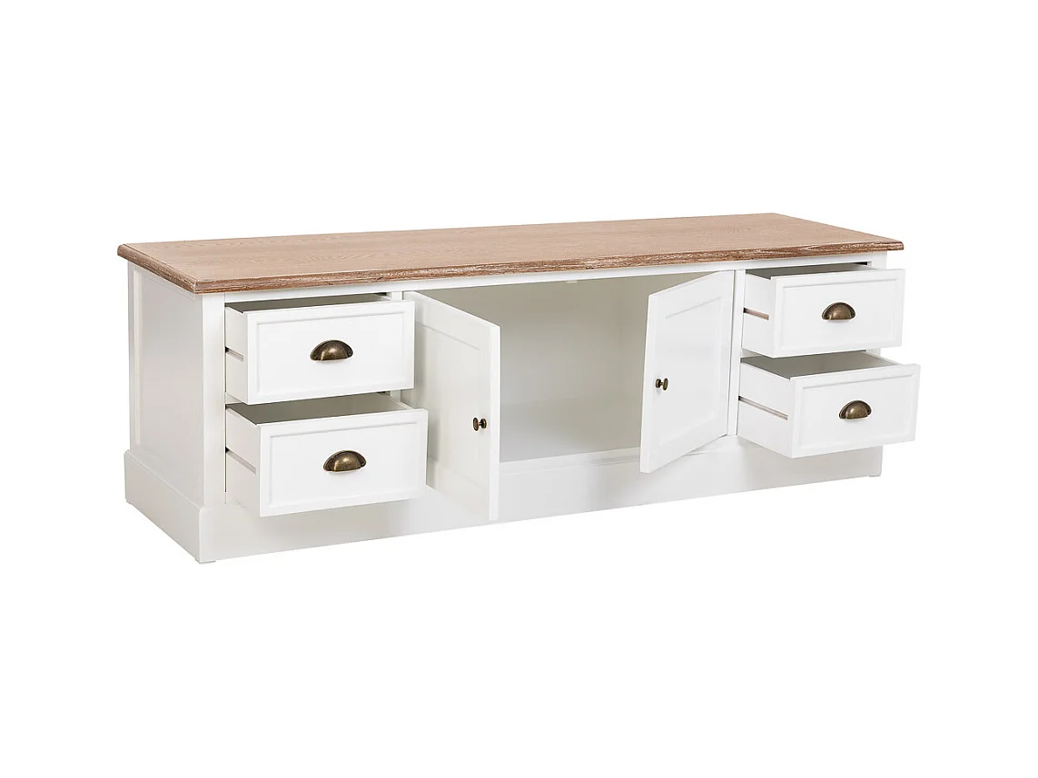 Armário baixo em madeira branca com 2 portas 4 gavetas 154x45x51,5 cm