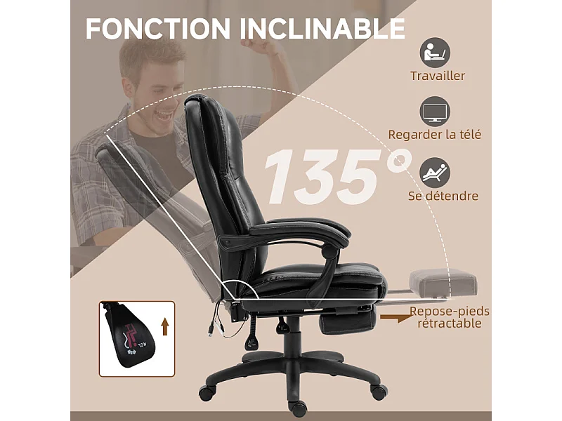 Fauteuil bureau massant inclinable réglable VINCETTO noir