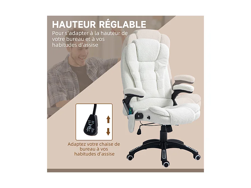 Fauteuil de bureau direction massant chauffant LACHLAN blanc